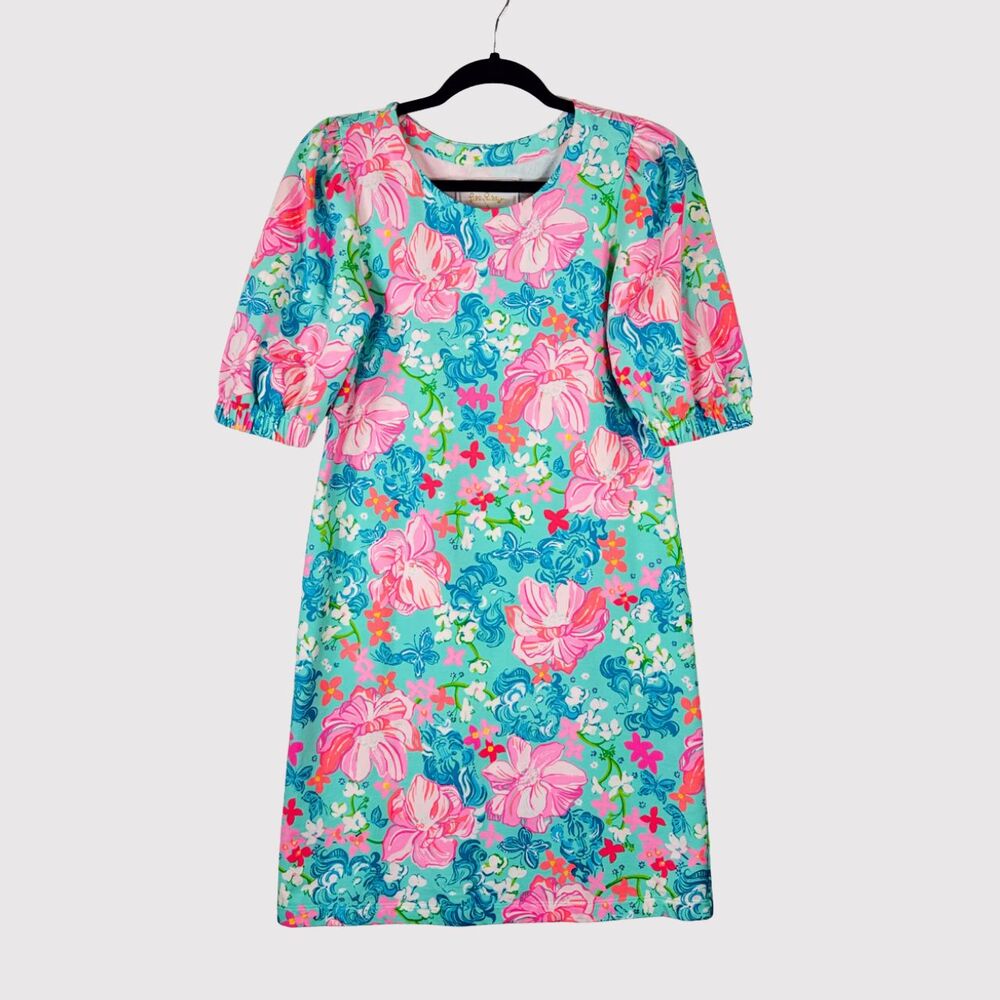 Lilly Pulitzer Dress Blue Cayce Mini Puff Sleeve Floral Luscious Lions Small - Picture 2 of 11